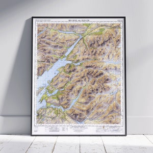 Impression de carte vintage Ben Nevis et Glen Coe ~ Déco murale affiche d'art