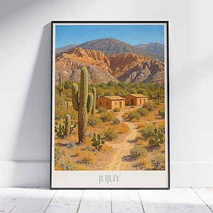 Jujuy Reiseplakat | Argentinien Wüste Landschaft Kunstdruck | Lebendige Kaktus Berg Wohnkultur | Rustikale Wandkunst