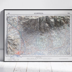 Almeria, Spanien ~ Vintage Shaded Relief Flache 2D Karte ~ Poster Wand Kunst Dekor Topographie