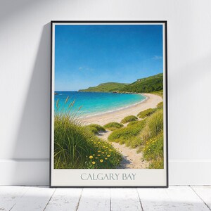 Calgary Bay Reiseposter, Isle of Mull Schottland ~ Serene Beach Kunstdruck | Retro Küsten Wohnkultur