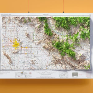 Phoenix et Mesa, Arizona : impression de carte en relief ombragé 2D plat ~ affiche rétro murale art déco topographique