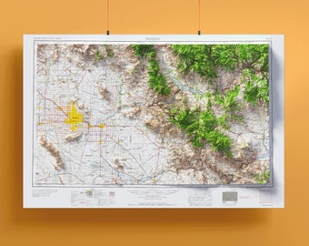 Phoenix & Mesa, Arizona: Flat 2D Shaded Relief Map Print ~ Retro Poster Wall Art Decor Topographic