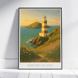 Poster di viaggio del faro dell'isola di Bardsey / Stampa artistica della tranquilla costa gallese / Decorazione murale costiera / Regalo per gli amanti dei fari