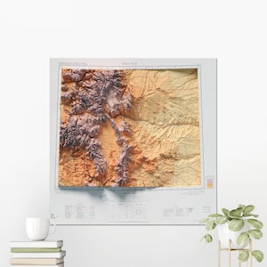 Denver & Rocky Mountains Vintage kaart platte 2D topografische schaduwrijke reliëf ~ Pikes Peak Colorado USA print poster Wall Art decor