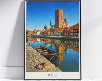 デンマーク、リーベの旅行ポスター：リーベ大聖堂と港の絵画プリント