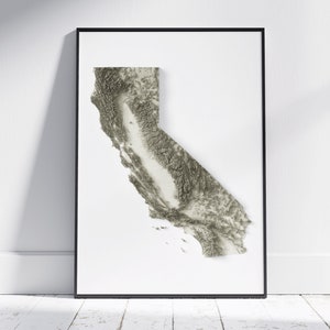 Californië kaart ~ minimalistische platte 2D topografische schaduwrijke reliëfprint | Amerikaanse staatskaart print cadeau | Muurkunst en moderne woondecoratie