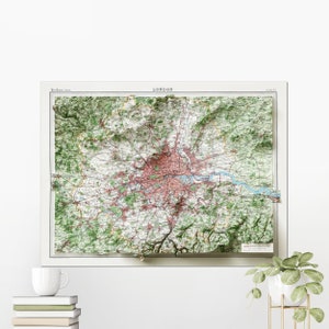 Carte en relief ombragé 2D de l'Atlas vintage de Londres ~ UKPrint affiche murale Art déco