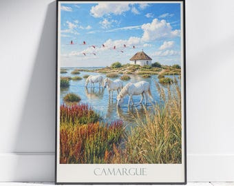 カマルグの野生馬のプリント：フランス旅行ポスター、プロヴァンスのウォールアート