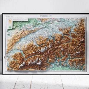 Switzerland Vintage Flat 2D Shaded Relief Map Print ~ Topographic Poster Wall Art Decor - Geneva, Matterhorn, Mont Blanc, Jungfrau