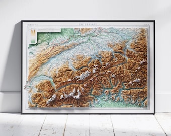 Switzerland Vintage Flat 2D Shaded Relief Map Print ~ Topographic Poster Wall Art Decor - Geneva, Matterhorn, Mont Blanc, Jungfrau