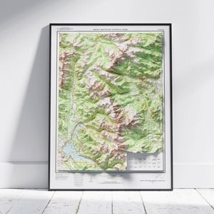 Carte du parc national des Montagnes Rocheuses ~ impression plat 2D vintage en relief ~ affiche murale Art déco