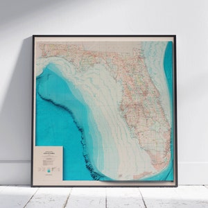 Carte bathymétrique de la Floride, impression 2D à plat en relief ombré ~ affiche murale Art déco topographie
