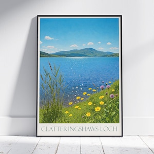 Clatteringshaws Loch Schottland Reise Poster | Lebendige See Kunstdruck | Schottische Landschaft