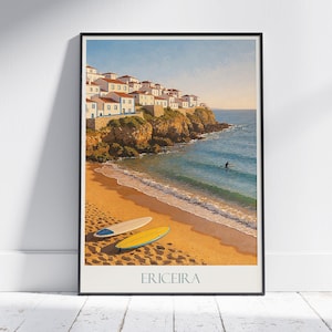 Poster di viaggio di Ericeira, Portogallo / Stampa artistica vintage di surf costiero / Decorazione murale di un villaggio imbiancato / Scena di spiaggia e scogliera