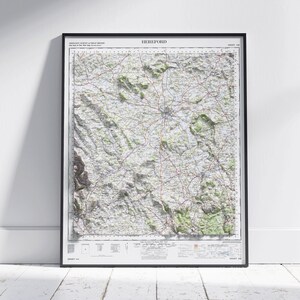 Hereford ~ Flache schattierte Reliefkarte Vintage Stil Druck Poster Wandkunst Dekor