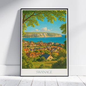 Swanage Travel Poster, Coastal View Art Print | Dorset England Oil Painting | British Seaside Home Decor | Personalized Vacation Gift