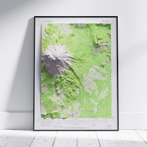 Mount Shasta, Californië ~ Vintage schaduwrijke reliëf platte 2D kaart afdrukken ~ Poster Wall Art Decor topografie