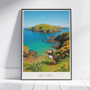 Skomer Island Travel Poster, Puffin ~ Pembrokeshire Wales Painted Wall Art Print & Home Decor | Framed Personalized Vacation Gift