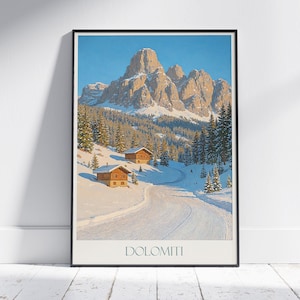 Póster de viaje a los Dolomitas, mañana alpina serena ~ Impresión artística invernal italiana y decoración del hogar / Regalo de arte de pared acogedor en una cabaña