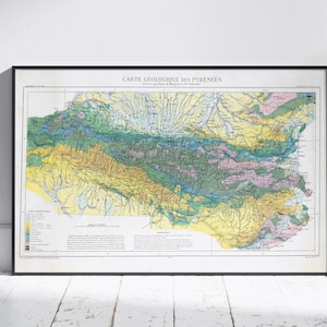Impression de carte géologique vintage des Pyrénées ~ Déco murale affiche