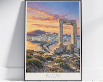ギリシャ、ナクソス島旅行ポスター：ポルタラのアポロ神殿の絵画プリント