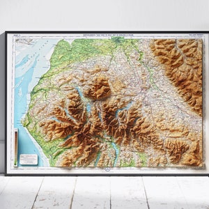 Carte vintage en relief ombragé 2D de l'Atlas Lake District ~ Royaume-Uni, impression affiche murale Art déco
