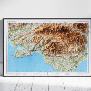 Pays de Galles du Sud ~ carte vintage plat 2D en relief ombragé Royaume-Uni impression affiche murale Art déco