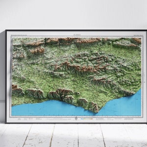 Sussex ~ carte en relief ombragé 2D vintage Style Atlas impression affiche murale Art déco