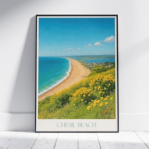 Chesil Beach Travel Poster, Dorset England ~ Vibrant Coastal Art Print | Pebble Beach View | UK Home Decor Gift
