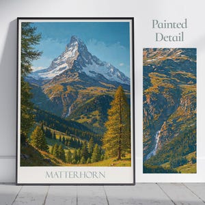 Matterhorn Travel Poster, Swiss Alps ~ Switzerland Painted Wall Art Print & Home Decor | Framed Personalized Mountain Gift