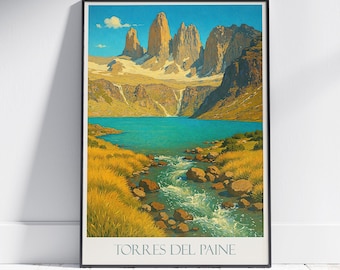 Póster de viaje vintage del Parque Nacional Torres del Paine: Arte mural de la Patagonia