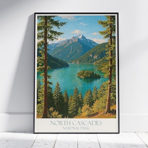 Poster di viaggio del Parco Nazionale North Cascades / Stampa artistica da parete di Washington / Decorazione vintage per laghi di montagna / Regalo per la casa PNW