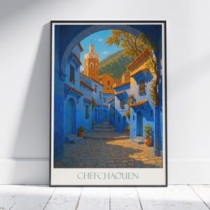 Poster di viaggio di Chefchaouen, Città Blu del Marocco ~ Stampa artistica da parete marocchina e arredamento per la casa / Vicolo vivace della Medina