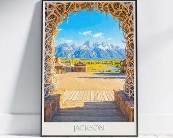 Jackson Wyoming Travel Poster: Elk Antler Arch and Grand Teton Painted Art Print