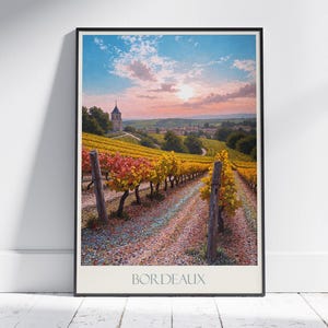 Stampa di viaggio Bordeaux, vigneti ~ Poster di viaggio Francia Arte murale Decorazione per la casa Regalo personalizzato con cornice