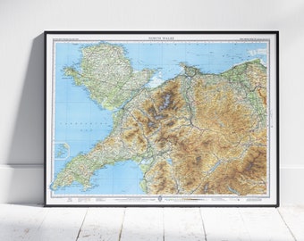 North Wales, Anglesey & Snowdonia Vintage Map Print ~ Poster Wall Art Decor Topography