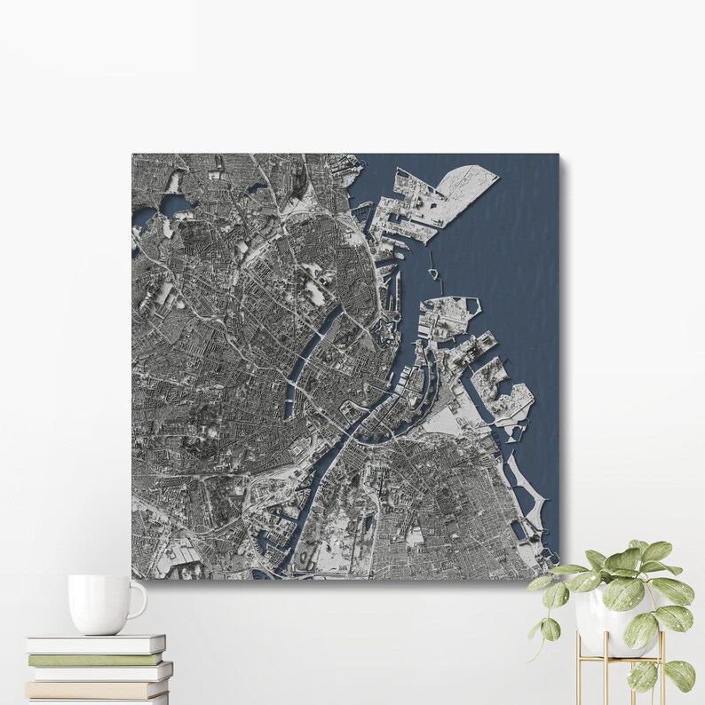 Copenhagen, Denmark Shaded City Relief Map Print Poster Modern Wall Art Decor image 1