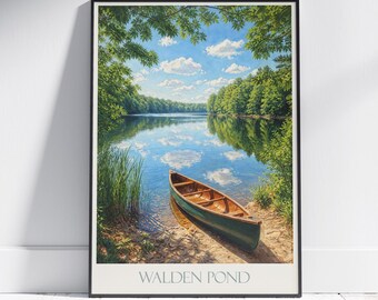 Reisposter Walden Pond Massachusetts: Serene Lake Canoe, geschilderde kunstprint