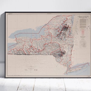 Carte en relief ombragé de l'État de New York, impression 2D à plat ~ affiche murale Art déco topographie