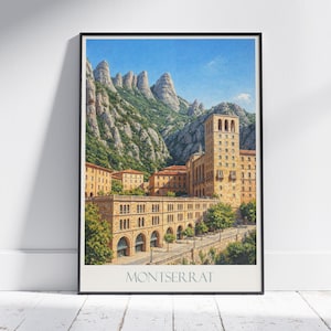 Montserrat Travel Poster, Spain Monastery Mountains | Catalonia Vintage Art Print | European Home Decor Gift