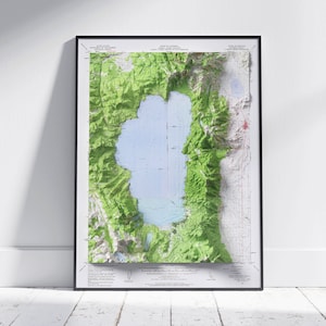 Lake Tahoe, California / Nevada ~ Vintage Shaded Relief Flat 2D Map Print ~ Poster Wall Art Decor Topography