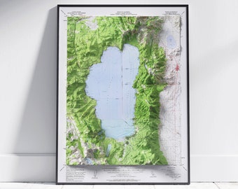 Lake Tahoe, California / Nevada ~ Vintage Shaded Relief Flat 2D Map Print ~ Poster Wall Art Decor Topography