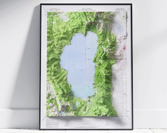 Lake Tahoe, California / Nevada ~ Vintage Shaded Relief Flat 2D Map Print ~ Poster Wall Art Decor Topography