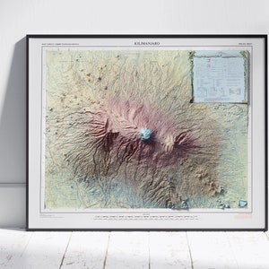 Mount Kilimanjaro Vintage Shaded Relief Map Flat 2D Print ~ Tansania, Kenia Poster Wand Kunst Dekor Topographie