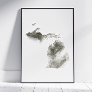 Michigan kaart ~ minimalistische platte 2D topografische schaduwrijke reliëfprint | Amerikaanse staatskaart print cadeau | Muurkunst en moderne woondecoratie