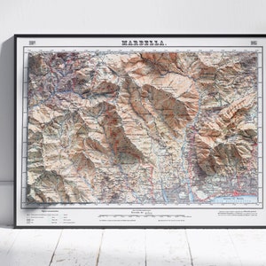 Marbella et Istan, Espagne ~ impression de carte 2D vintage en relief ombré ~ affiche murale art déco topographie