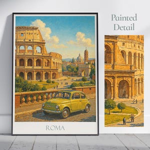 Poster di viaggio di Roma, Colosseo e Fiat 500 d'epoca / Stampa artistica da parete dipinta in Italia, decorazione per la casa / Regalo per una vacanza nella città romana