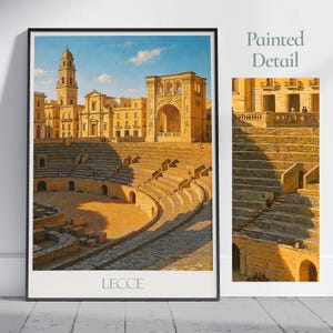 Poster di viaggio di Lecce, Anfiteatro romano ~ Stampa artistica da parete dipinta in Italia / Stampa per la casa in Puglia / Regalo per viaggi di vacanza