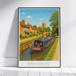 Berkhamsted Travel Poster | Grand Union Canal Narrowboat Art Print | English Countryside Home Decor | UK Vacation Gift