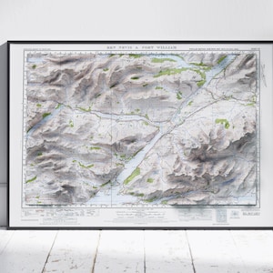 Ben Nevis et Fort William ~ carte en relief ombragé 2D vintage Style Atlas impression affiche murale Art déco